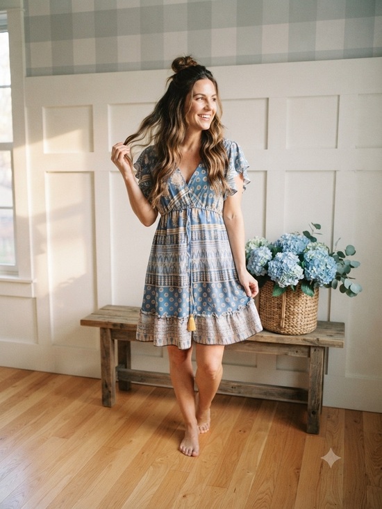 Bigg Bull Dresses & Skirts - Boho Blue Printed V-Neck Mini Dress with Tassel Detail Small
